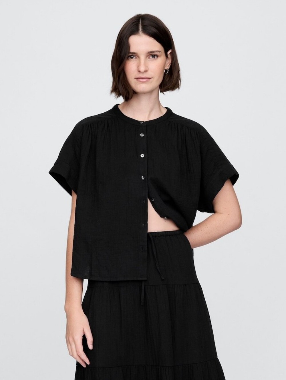 Gap 100% Cotton Crinkle Gauze Shirt Top Black Dolman Short Sleeve Small